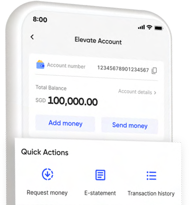 Illustration of Elevate Account on your mobile phone. Safeguard your funds and access quick features to pay and get paid.