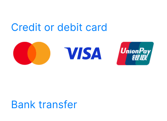 Accept bank transfer, debit card or credit card payments from customers online, without integrations. Accept Visa, Mastercard or China Unionpay cards at low to no fees.